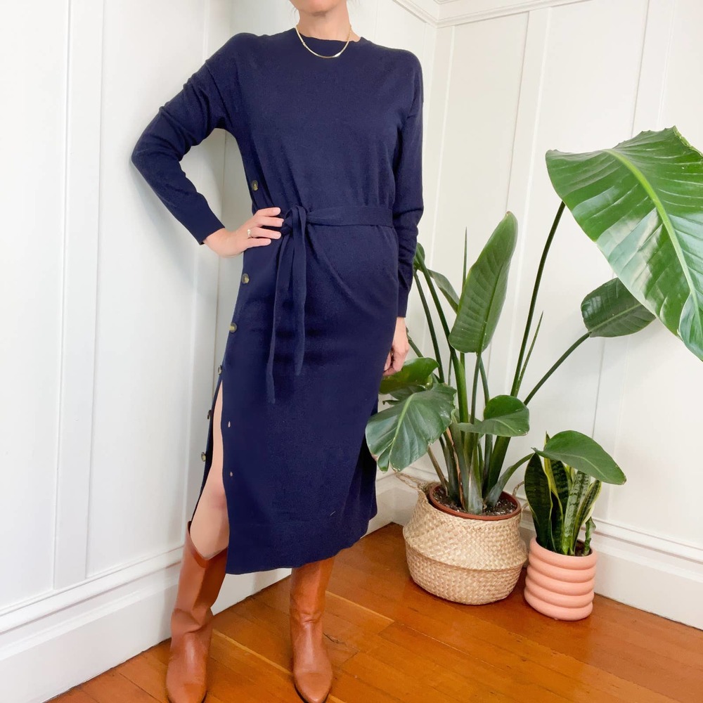 Boden Navy Midi Knit Dress with Side Button Detail